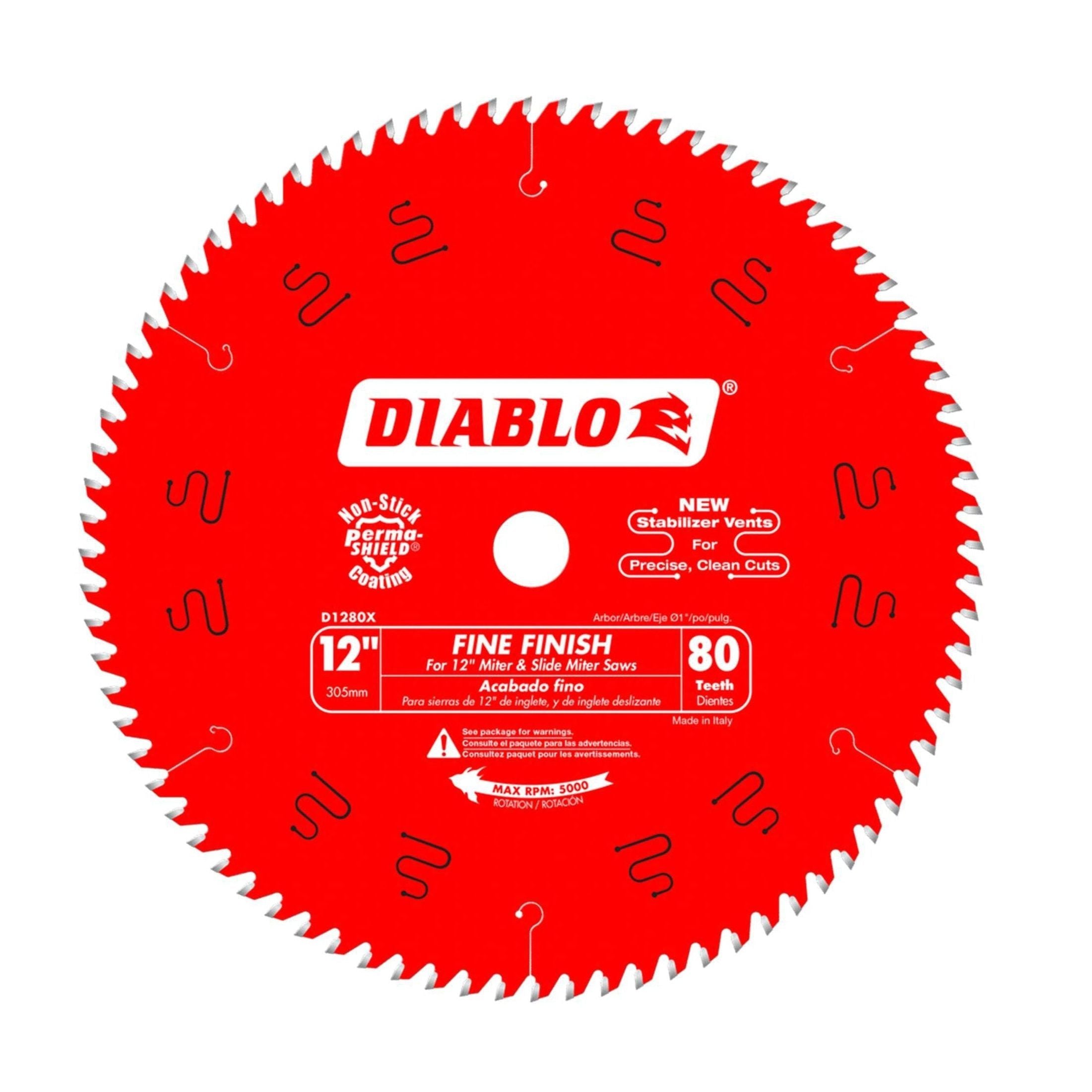 The DIABLO D1280X 12-in., 80-tooth saw blade is red, fits miter saws, and is ideal for crosscutting oak. Labeled DIABLO and FINE FINISH, it features serrated edges, stabilizer vents, and a max RPM of 5,000.